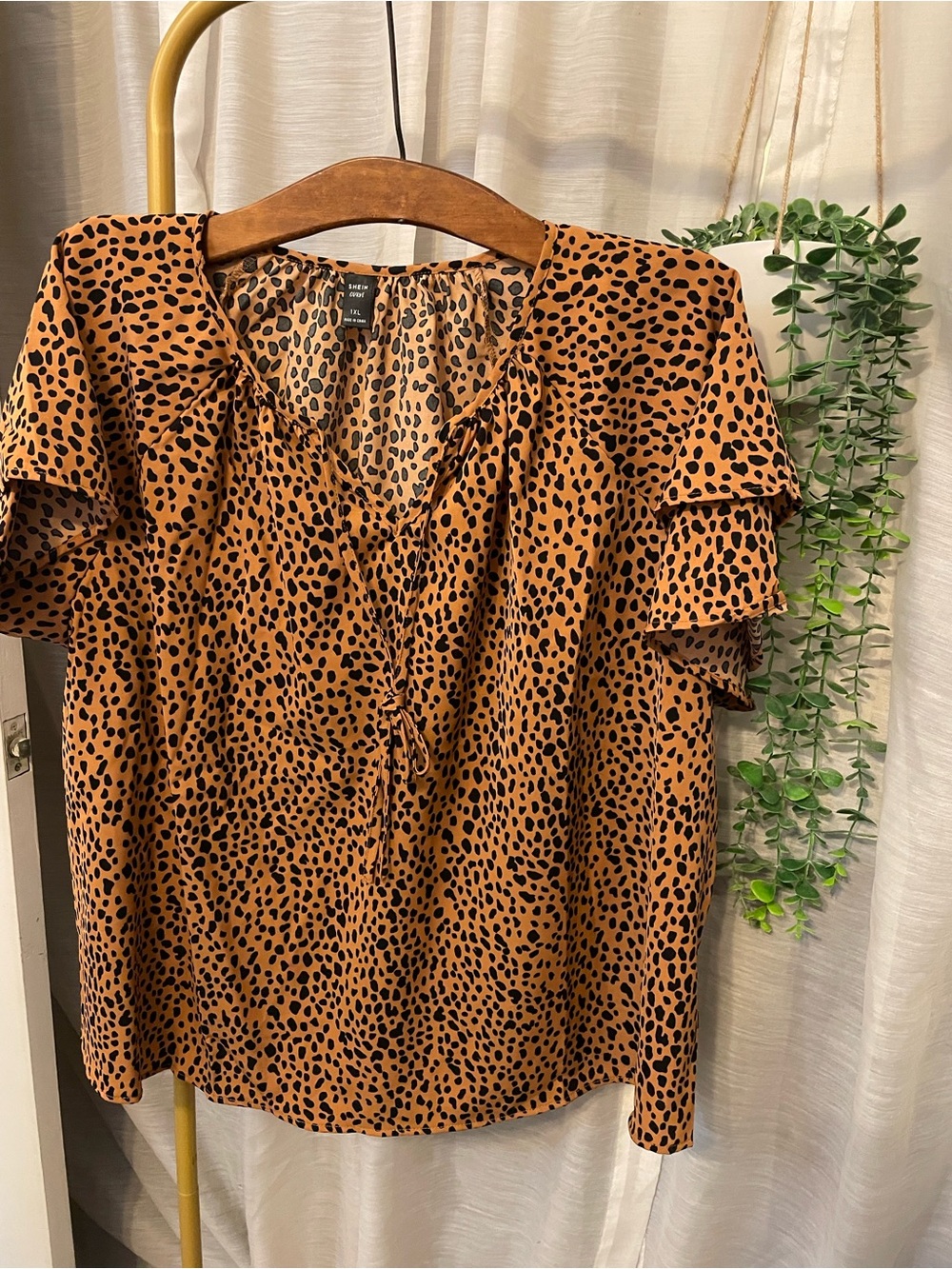 SHEIN Brown and Black Ruffle Sleeve Animal Print Blouse